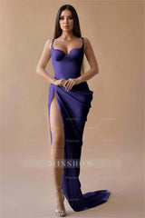 Simple White Spaghetti Strap Sleeveless Pleated Long Formal Dress With Split