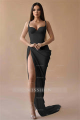 Simple White Spaghetti Strap Sleeveless Pleated Long Formal Dress With Split