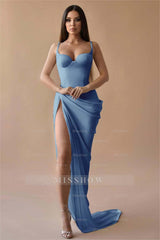 Simple White Spaghetti Strap Sleeveless Pleated Long Formal Dress With Split