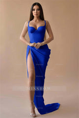 Simple White Spaghetti Strap Sleeveless Pleated Long Formal Dress With Split