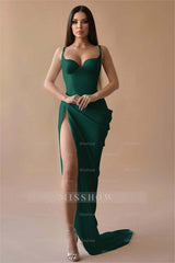 Simple White Spaghetti Strap Sleeveless Pleated Long Formal Dress With Split