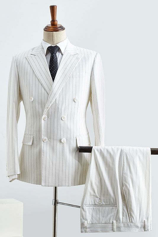 Simple White Striped Double Breasted Slim Fit Custom Business Suit