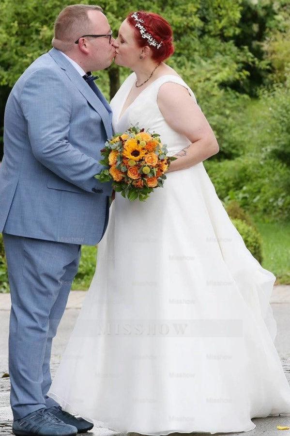 Simple White V-Neck Sleeveless A-line Wedding Dress with Rhinestones