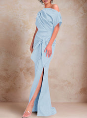 Trumpet Mermaid One Shoulder Short Sleeves Floor Length Mother Of The Bride Dresses With Ruffles Split Side