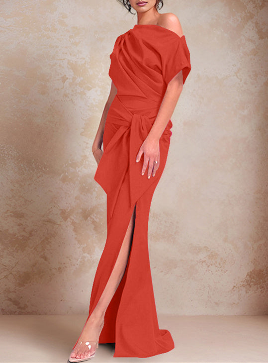 Trumpet Mermaid One Shoulder Short Sleeves Floor Length Mother Of The Bride Dresses With Ruffles Split Side