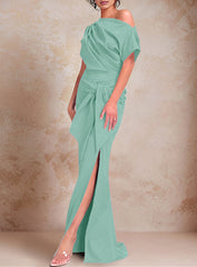 Trumpet Mermaid One Shoulder Short Sleeves Floor Length Mother Of The Bride Dresses With Ruffles Split Side