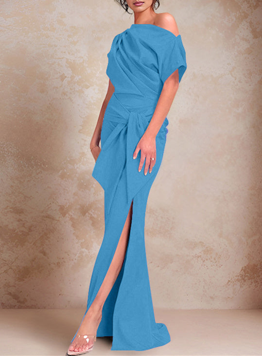 Trumpet Mermaid One Shoulder Short Sleeves Floor Length Mother Of The Bride Dresses With Ruffles Split Side