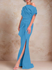 Trumpet Mermaid One Shoulder Short Sleeves Floor Length Mother Of The Bride Dresses With Ruffles Split Side