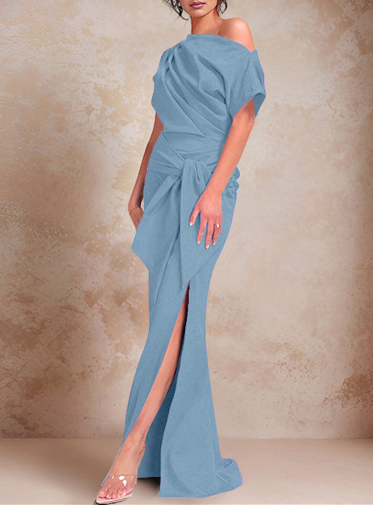 Trumpet Mermaid One Shoulder Short Sleeves Floor Length Mother Of The Bride Dresses With Ruffles Split Side