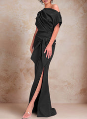 Trumpet Mermaid One Shoulder Short Sleeves Floor Length Mother Of The Bride Dresses With Ruffles Split Side