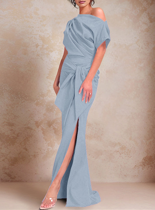 Trumpet Mermaid One Shoulder Short Sleeves Floor Length Mother Of The Bride Dresses With Ruffles Split Side