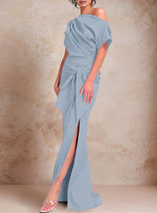 Trumpet Mermaid One Shoulder Short Sleeves Floor Length Mother Of The Bride Dresses With Ruffles Split Side