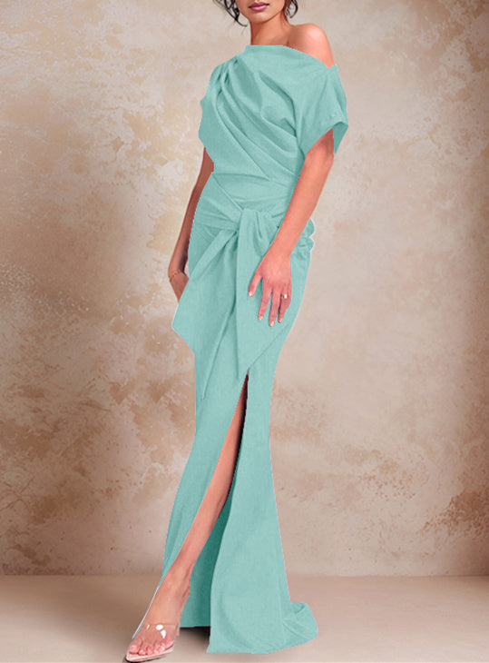 Trumpet Mermaid One Shoulder Short Sleeves Floor Length Mother Of The Bride Dresses With Ruffles Split Side