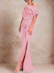Trumpet Mermaid One Shoulder Short Sleeves Floor Length Mother Of The Bride Dresses With Ruffles Split Side
