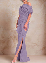 Trumpet Mermaid One Shoulder Short Sleeves Floor Length Mother Of The Bride Dresses With Ruffles Split Side