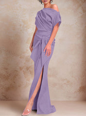 Trumpet Mermaid One Shoulder Short Sleeves Floor Length Mother Of The Bride Dresses With Ruffles Split Side