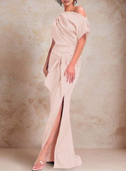 Trumpet Mermaid One Shoulder Short Sleeves Floor Length Mother Of The Bride Dresses With Ruffles Split Side
