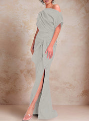Trumpet Mermaid One Shoulder Short Sleeves Floor Length Mother Of The Bride Dresses With Ruffles Split Side