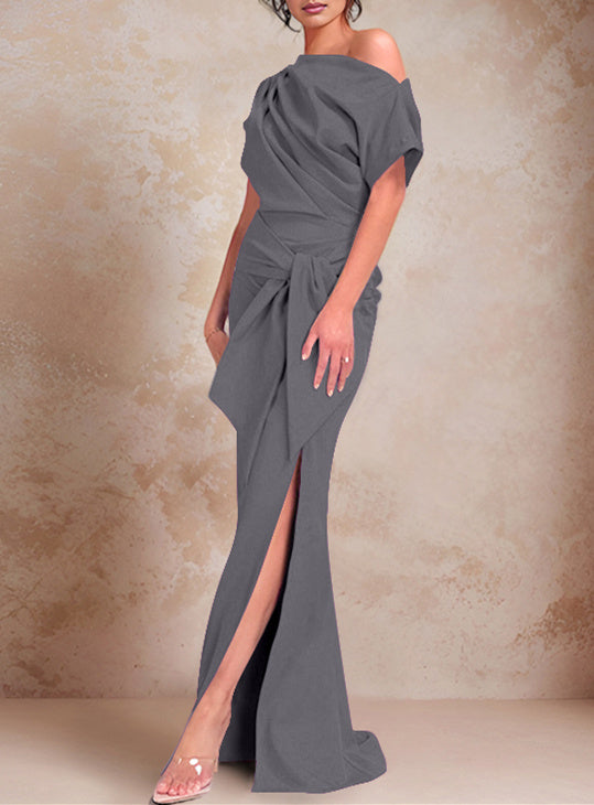 Trumpet Mermaid One Shoulder Short Sleeves Floor Length Mother Of The Bride Dresses With Ruffles Split Side