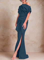 Trumpet Mermaid One Shoulder Short Sleeves Floor Length Mother Of The Bride Dresses With Ruffles Split Side