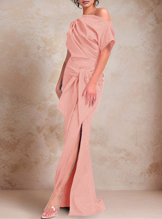 Trumpet Mermaid One Shoulder Short Sleeves Floor Length Mother Of The Bride Dresses With Ruffles Split Side