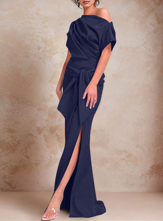 Trumpet Mermaid One Shoulder Short Sleeves Floor Length Mother Of The Bride Dresses With Ruffles Split Side