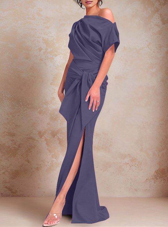 Trumpet Mermaid One Shoulder Short Sleeves Floor Length Mother Of The Bride Dresses With Ruffles Split Side