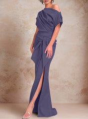 Trumpet Mermaid One Shoulder Short Sleeves Floor Length Mother Of The Bride Dresses With Ruffles Split Side