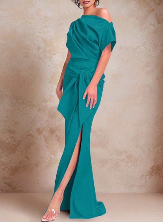Trumpet Mermaid One Shoulder Short Sleeves Floor Length Mother Of The Bride Dresses With Ruffles Split Side