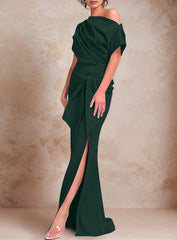 Trumpet Mermaid One Shoulder Short Sleeves Floor Length Mother Of The Bride Dresses With Ruffles Split Side