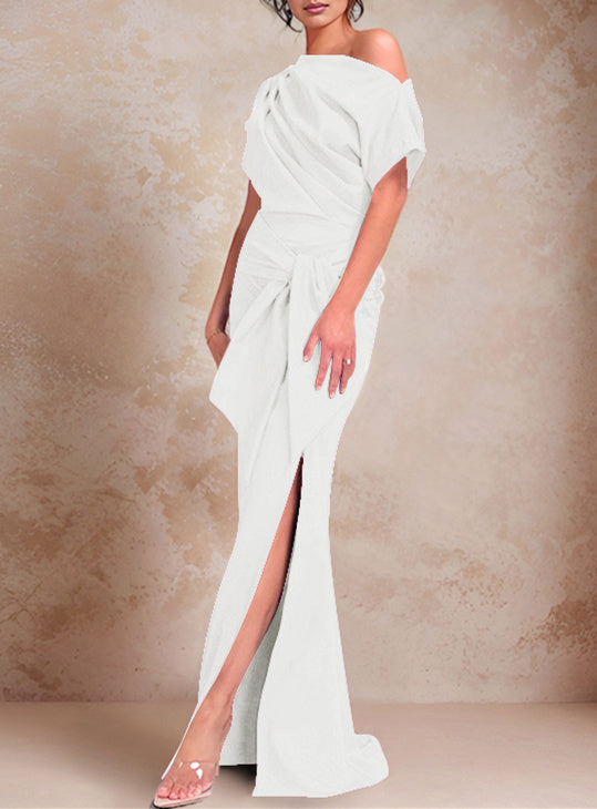 Trumpet Mermaid One Shoulder Short Sleeves Floor Length Mother Of The Bride Dresses With Ruffles Split Side