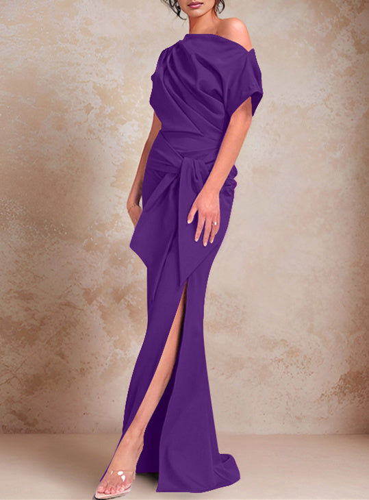Trumpet Mermaid One Shoulder Short Sleeves Floor Length Mother Of The Bride Dresses With Ruffles Split Side