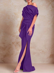 Trumpet Mermaid One Shoulder Short Sleeves Floor Length Mother Of The Bride Dresses With Ruffles Split Side