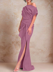 Trumpet Mermaid One Shoulder Short Sleeves Floor Length Mother Of The Bride Dresses With Ruffles Split Side
