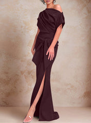 Trumpet Mermaid One Shoulder Short Sleeves Floor Length Mother Of The Bride Dresses With Ruffles Split Side