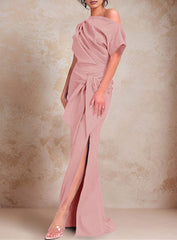 Trumpet Mermaid One Shoulder Short Sleeves Floor Length Mother Of The Bride Dresses With Ruffles Split Side