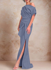 Trumpet Mermaid One Shoulder Short Sleeves Floor Length Mother Of The Bride Dresses With Ruffles Split Side