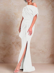 Trumpet Mermaid One Shoulder Short Sleeves Floor Length Mother Of The Bride Dresses With Ruffles Split Side