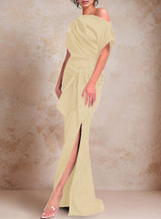 Trumpet Mermaid One Shoulder Short Sleeves Floor Length Mother Of The Bride Dresses With Ruffles Split Side