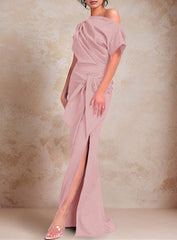 Trumpet Mermaid One Shoulder Short Sleeves Floor Length Mother Of The Bride Dresses With Ruffles Split Side