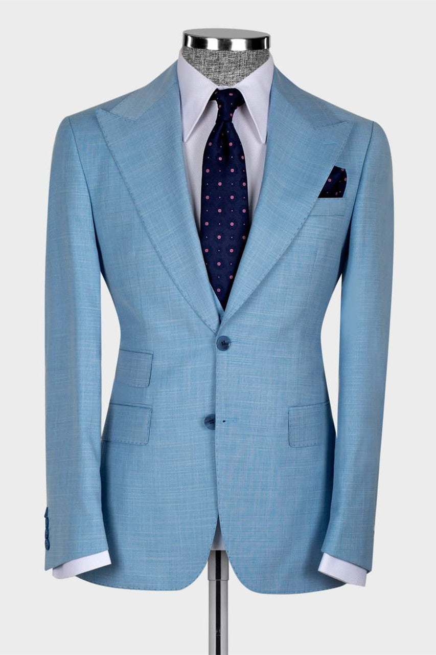Sky Blue Bespoke Three-Piece Suit with Peaked Lapel for Men