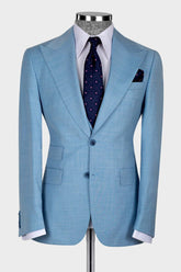 Sky Blue Bespoke Three-Piece Suit with Peaked Lapel for Men