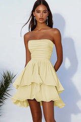 Sky Blue Chiffon Strapless A Line Short Homeoming Dress with Ruffles