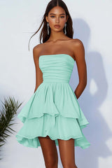 Sky Blue Chiffon Strapless A Line Short Homeoming Dress with Ruffles