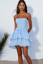 Sky Blue Chiffon Strapless A Line Short Homeoming Dress with Ruffles