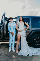 Sky Blue Crystal Beaded Mermaid Prom Dress V Neck Cap Sleeve 3D Floral Beading High Slit Luxury Evening Gown with Sweep Train