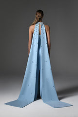 Sky Blue Halter Strapless Sleeveless Long Formal Dress With Beading