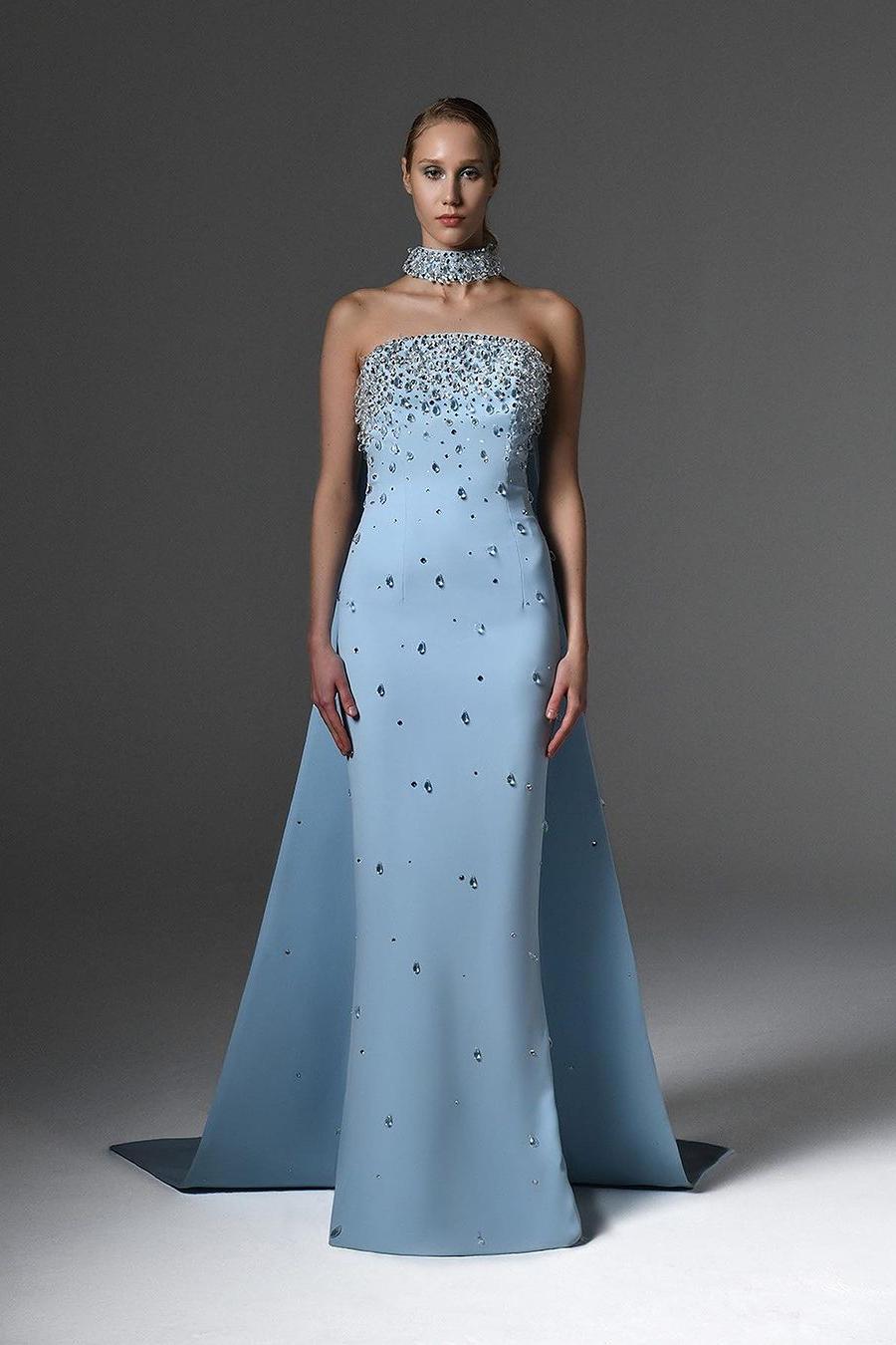 Sky Blue Halter Strapless Sleeveless Long Formal Dress With Beading