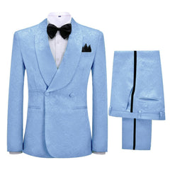 Sky Blue Jacquard Shawl Collar Double Breasted New Groom's Attire