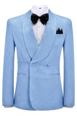 Sky Blue Jacquard Shawl Collar Double Breasted New Groom's Attire